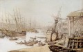 Una vista del Támesis con numerosos barcos y figuras en el muelle caricatura de Thomas Rowlandson